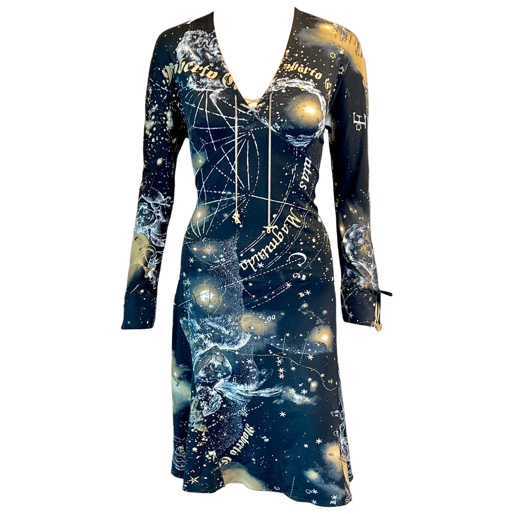 Roberto Cavalli F/W 2003 Lace Up Chain Constellation Astrology Print Dress For Sale