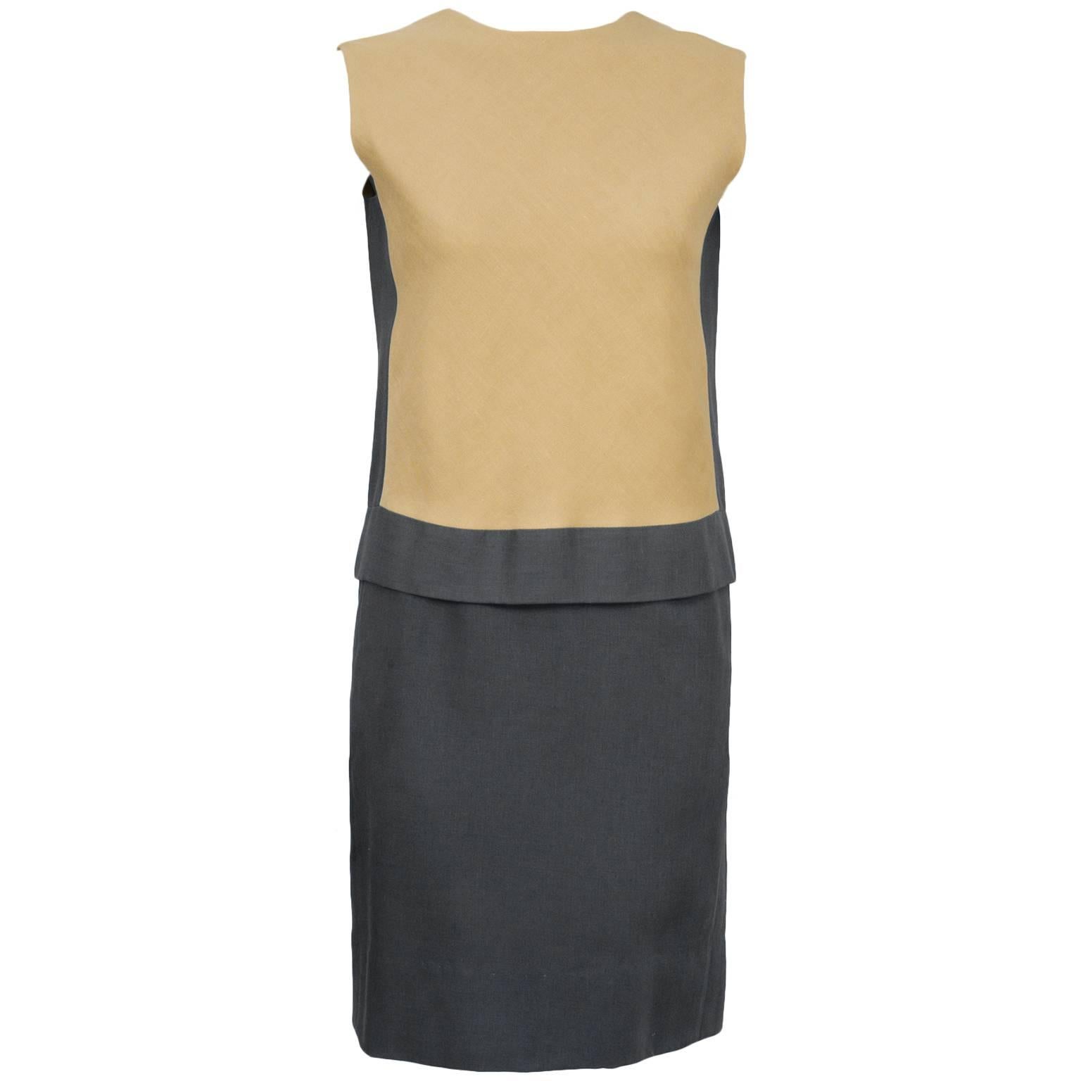 1960's Grey and Tan Linen Shift Dress