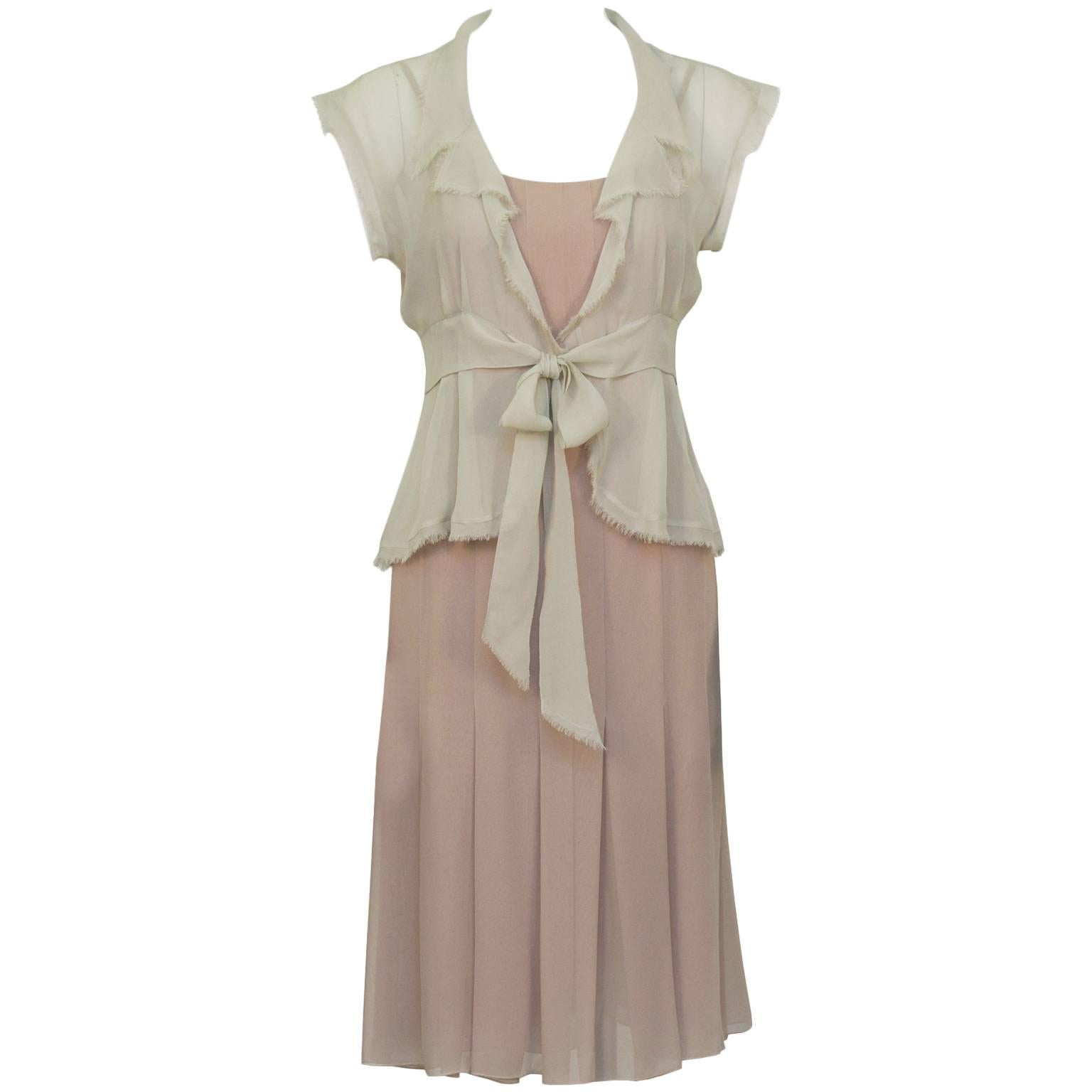 Chanel 2004 Spring Celadon and Beige Chiffon Dress and Vest For Sale
