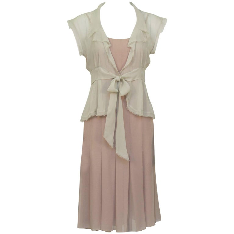 Chanel 2004 Spring Celadon And Beige Chiffon Dress And Vest Chanel 2004 Spring Celadon And Beige Chiffon Dress And Vest