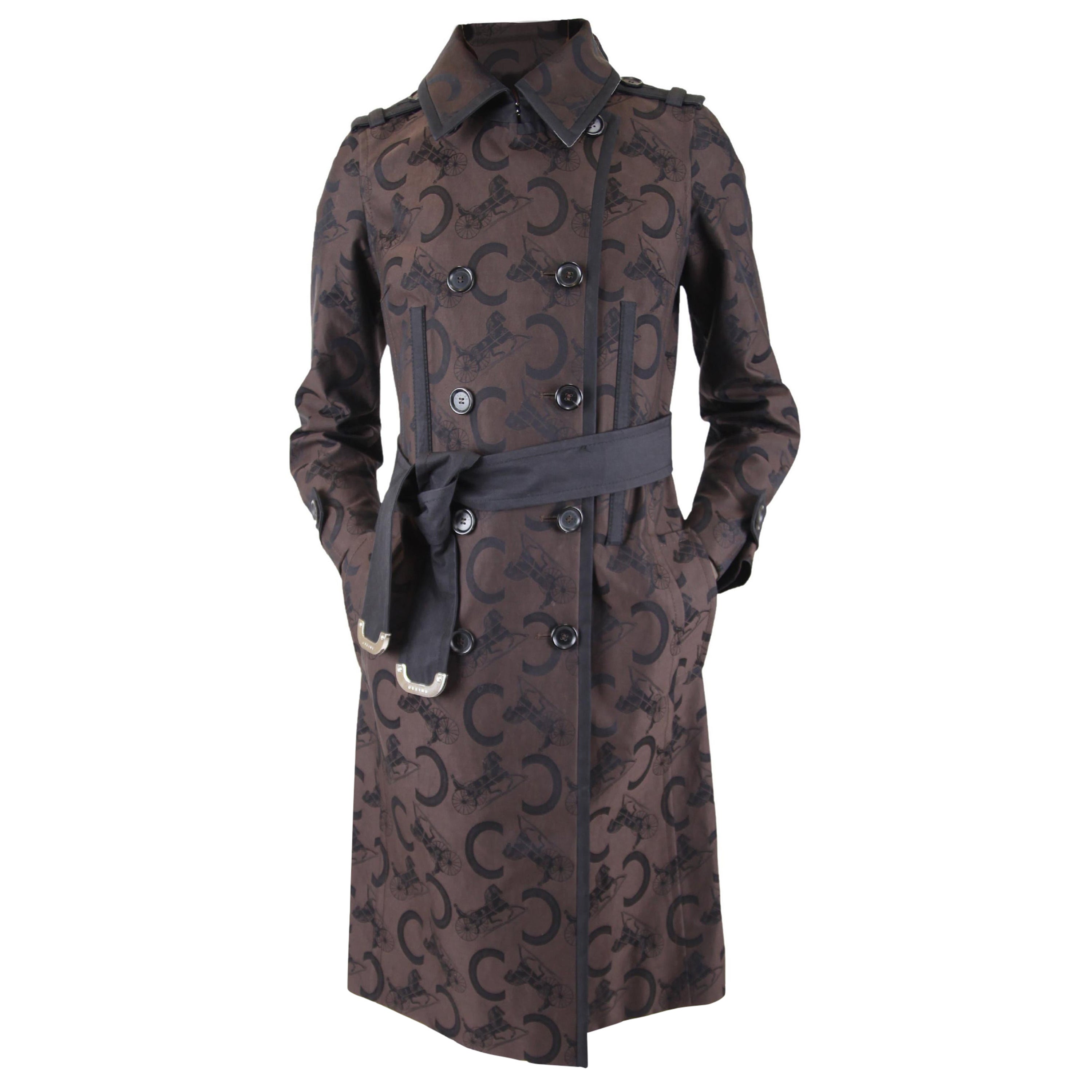 Celine 70s style chocolate and black logo print military trench coat, circa 2019