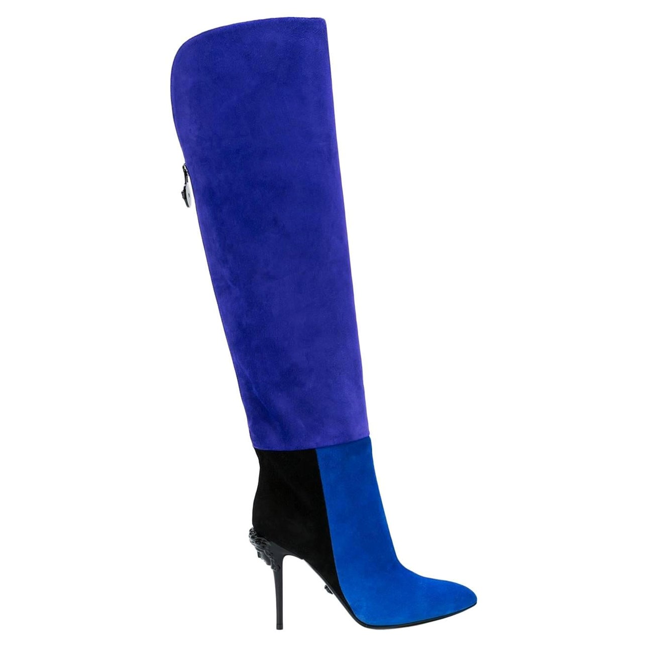 New VERSACE COLOR BLOCK BLUE SUEDE PALAZZO BOOTS 37 - 7 For Sale