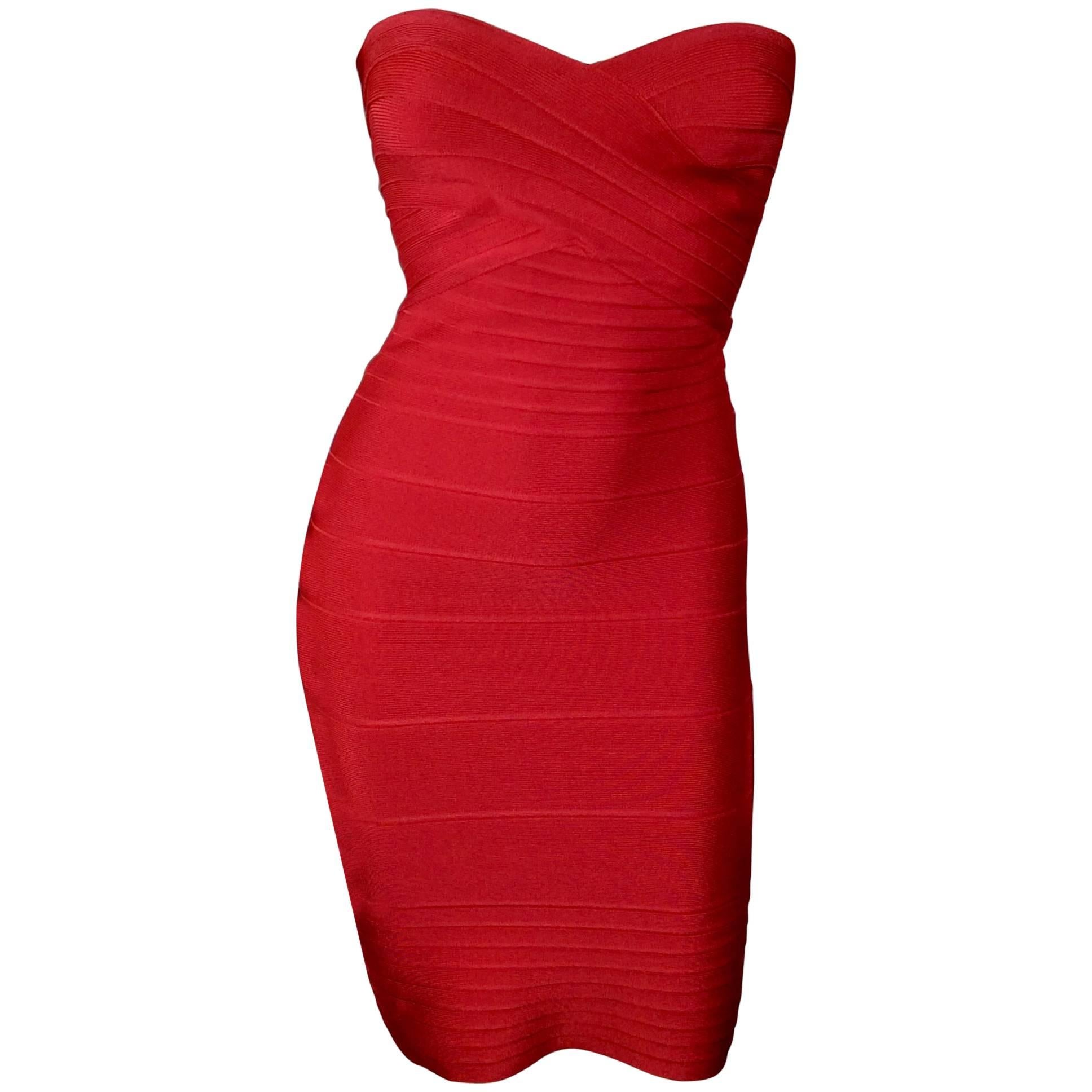 Herve Leger Red Strapless Bandage Dress For Sale