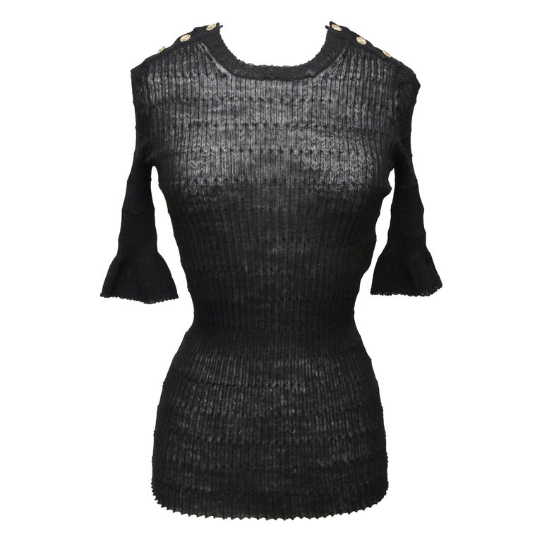 CHANEL Black Sweater Top Knit Short Sleeve CC Gold-Tone Logo Buttons Sz ...