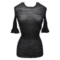 CHANEL Black Sweater Top Knit Short Sleeve CC Gold-Tone Logo Buttons Sz 34 2016