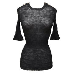CHANEL Black Sweater Top Knit Short Sleeve CC Gold-Tone Logo Buttons Sz 34 2016