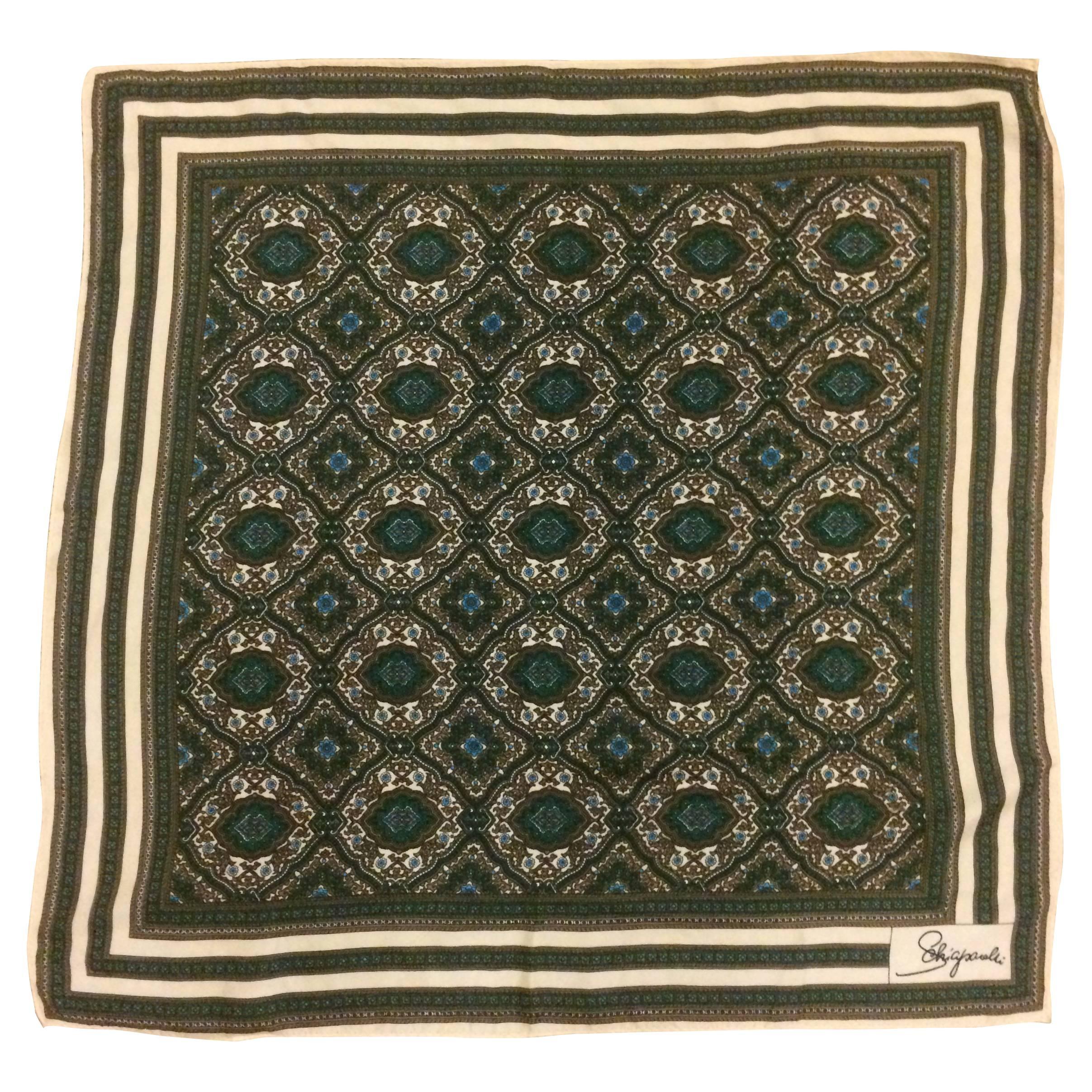 Schiaparelli for Glentex 1970s Silk Rayon Cream, Brown, Green 
Blue Print Scarf