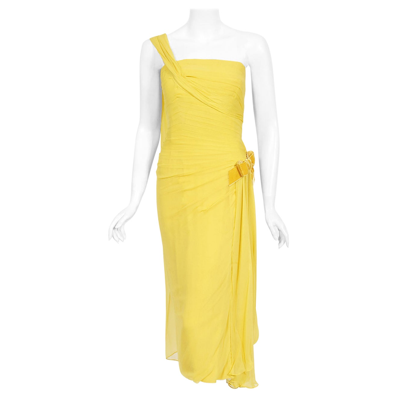 Vintage 1950's Philip Hulitar Yellow Pleated Silk Chiffon Draped Hourglass Dress For Sale