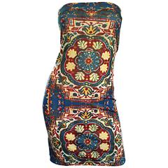 Rare Vintage Todd Oldham 1990s Bodycon Tapestry Print Strapless 90s Boho Dress