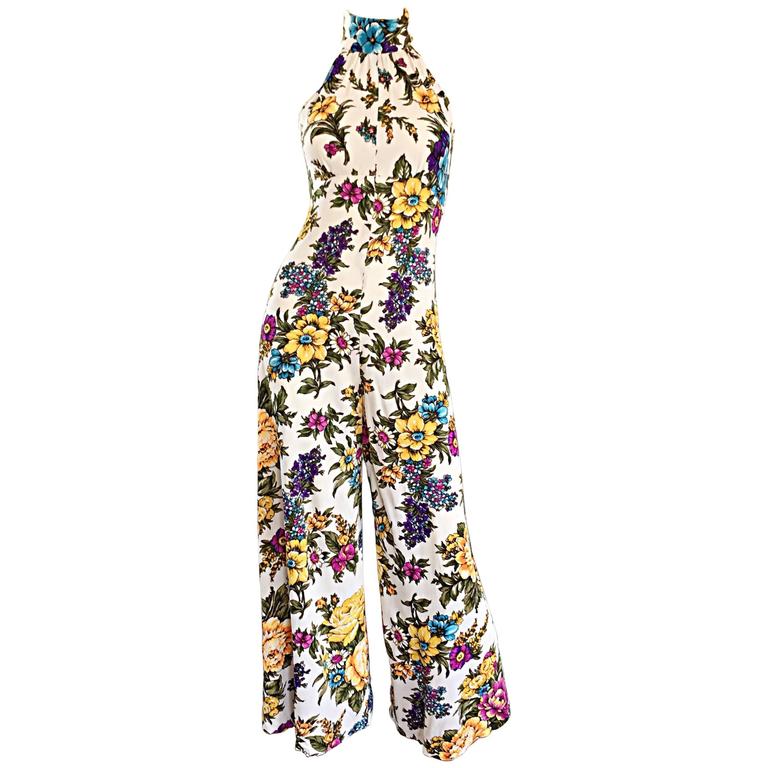 Amazing 1970s Wide Leg High Neck Flower Vintage 70s Cropped Jumpsuit