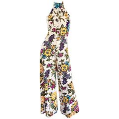 Amazing 1970s Wide Leg High Neck Flower Retro 70s Cropped Jumpsuit Onesie