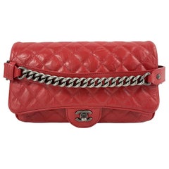 CHANEL Red Crinkled Leather Boy Chain Flap Bag / Silver-Aged  Shoulder Bag