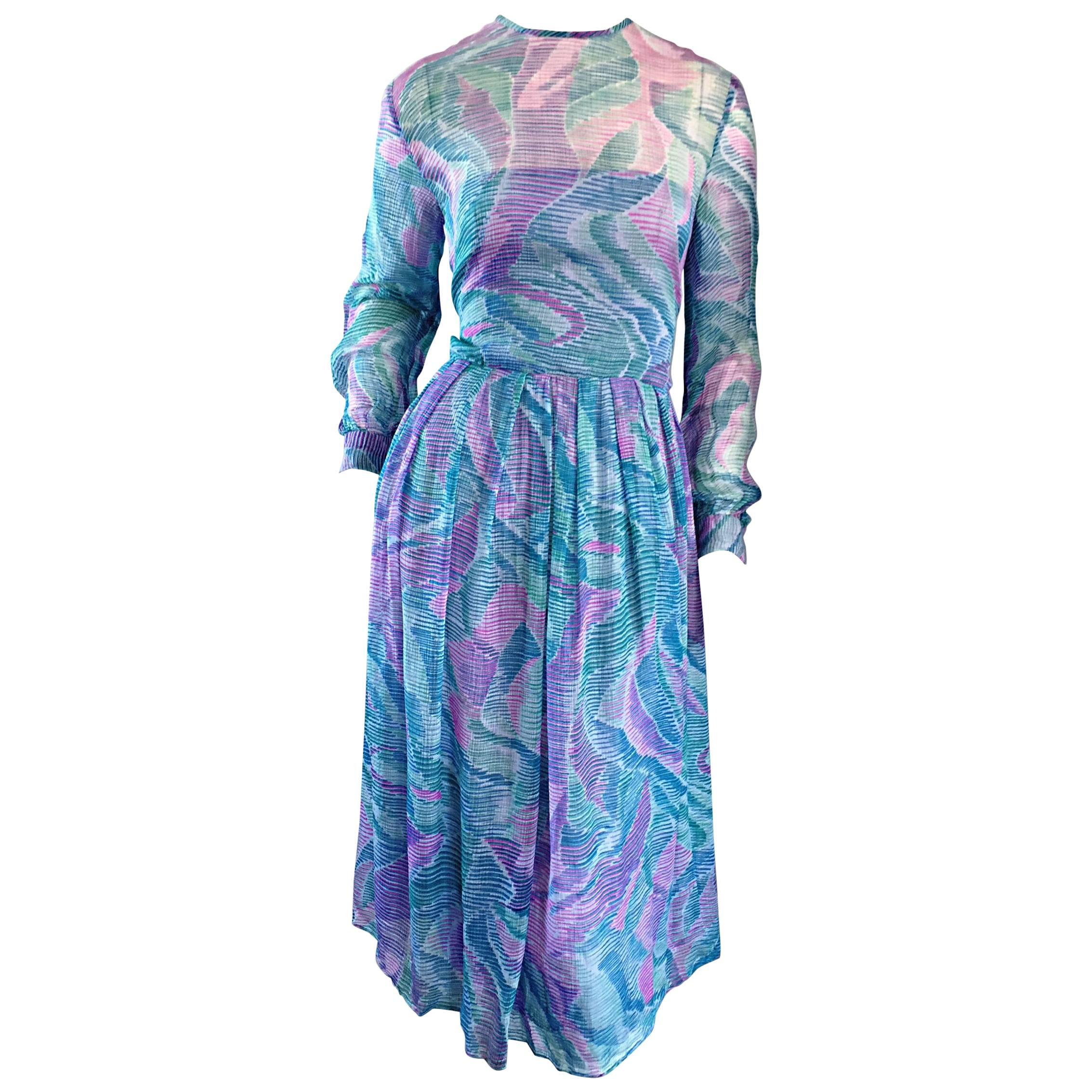 Beautiful 1970s Richilene Silk Chiffon Watercolor Vintage 70s Long Sleeve Dress