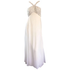 Ethereal Emma Domb 1960s White Chiffon Sequins + Pearls 60s Empire Waist Gown 