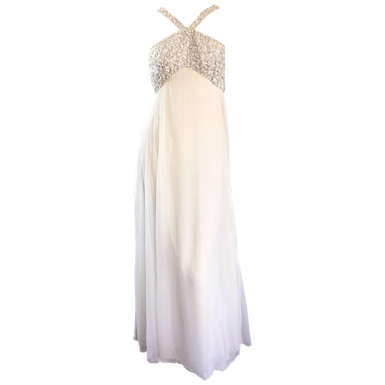 Ethereal Emma Domb 1960s White Chiffon Sequins + Pearls 60s Empire Waist Gown  For Sale