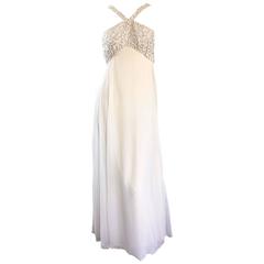 Ethereal Emma Domb 1960s White Chiffon Sequins + Pearls 60s Empire Waist Gown 11