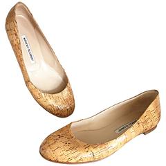 Sold Out Manolo Blahnik Tan ' Cork ' Round Toe Leather Ballet Flats Size 39