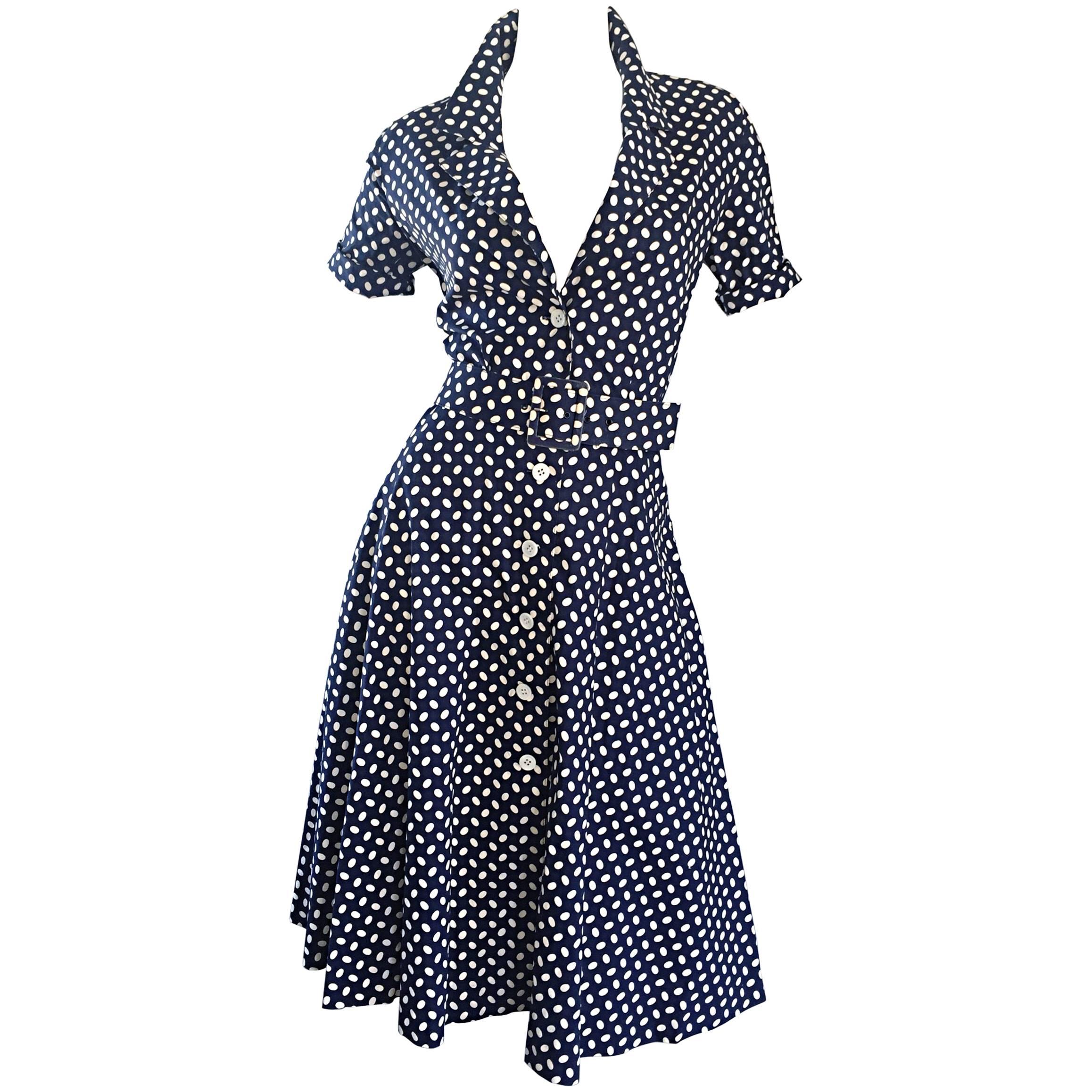 Vintage J. Tiktiner Cote D'Azur - Nice Navy Blue + White Polka Dot Belted Dress