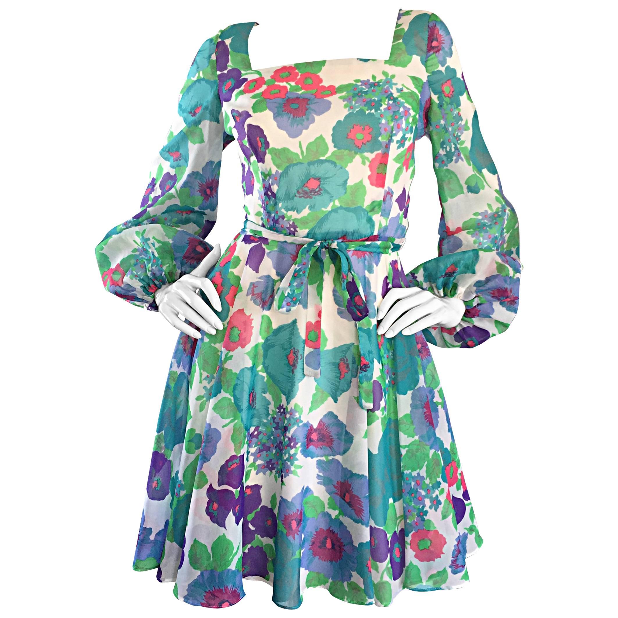 1960s Vintage Flower Printed Chiffon Blue, Purple, Green, Pink Babydoll Dress For Sale