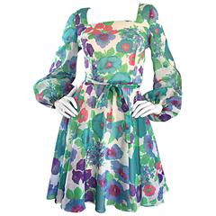 1960s Vintage Flower Printed Chiffon Blue, Purple, Green, Pink Babydoll Dress 12