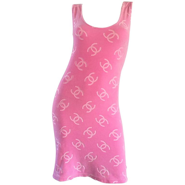 Rare Vintage Chanel 96P Bubblegum Pink Terry Cloth Logo 1990s Sleeveless  Dress