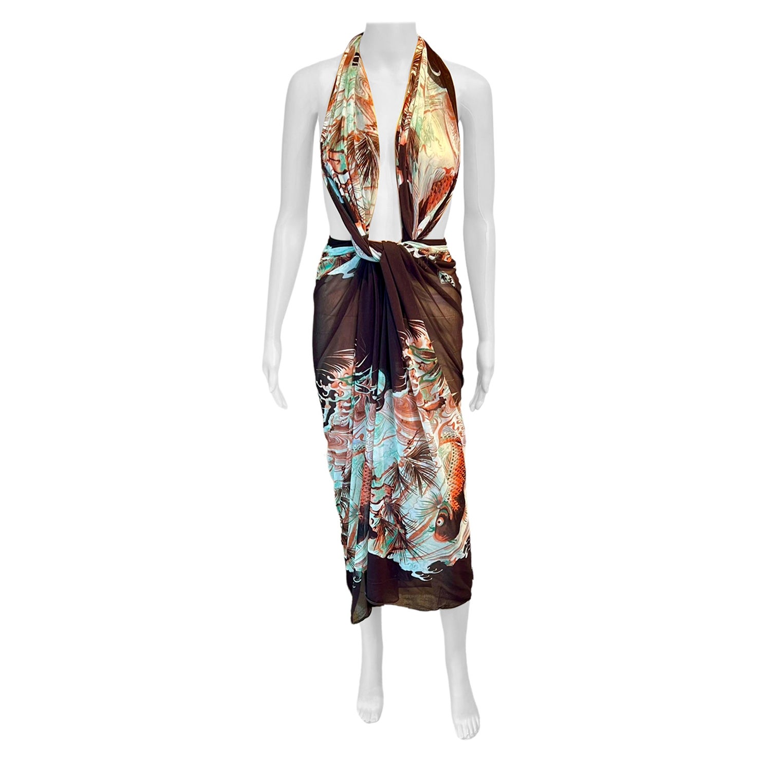 Jean Paul Gaultier Soleil Vintage Koi Fisch Tattoo Mesh Wickelkleid Schal Pareo im Angebot