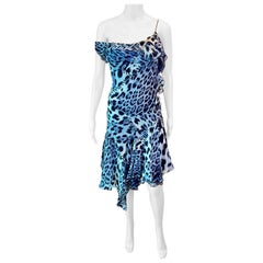 Roberto Cavalli S/S 2011 Silk Bias Cut Asymmetrical Animal Print Slip Dress 