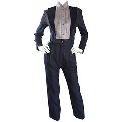 Rare Early Vintage Alberta Ferretti Charcoal Gray Vintage Tuxedo Jumpsuit Onesie 9