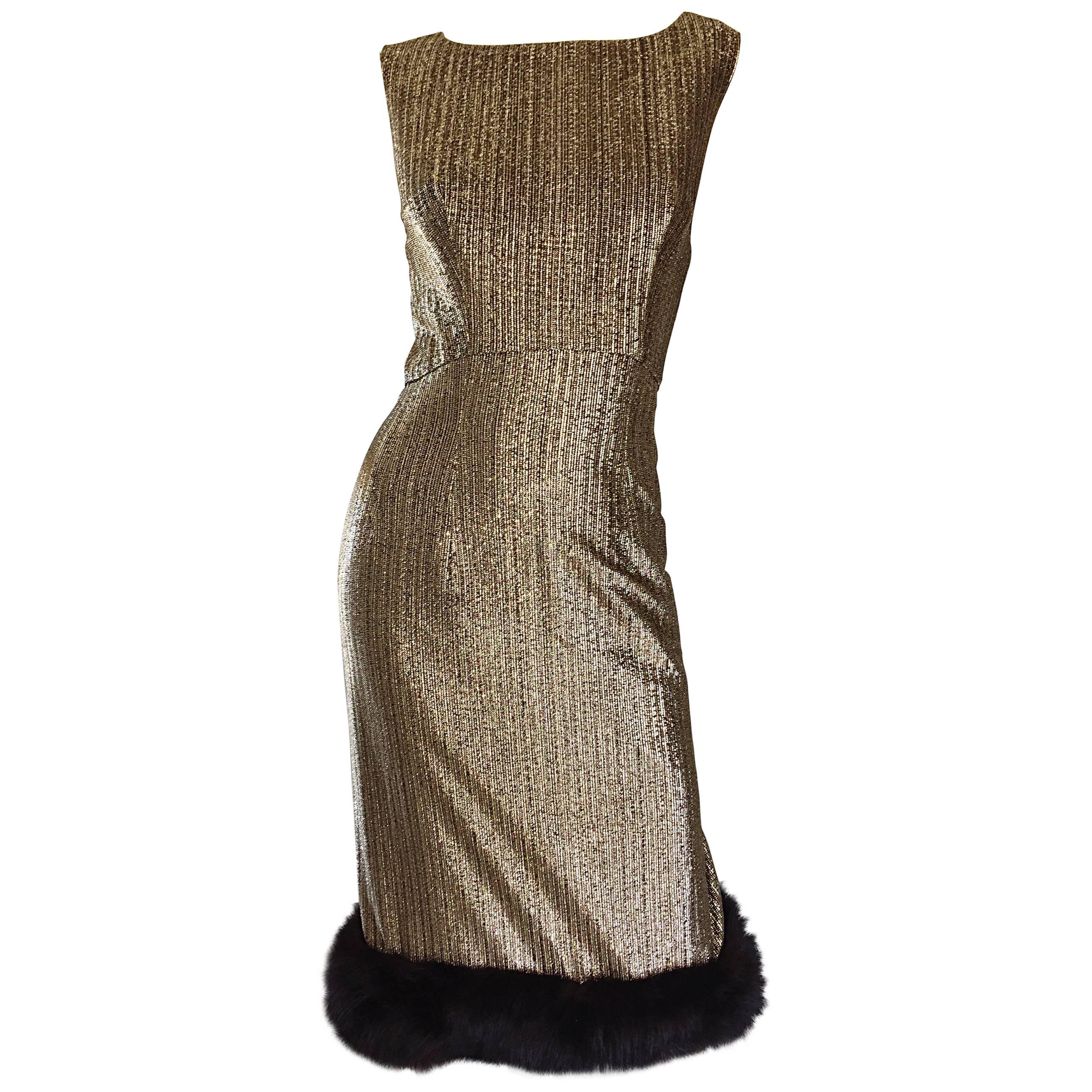 Amazing 1960s Jay Herbert Gold Silk Lurex Mink Vintage Sleveless Cocktail Dress For Sale