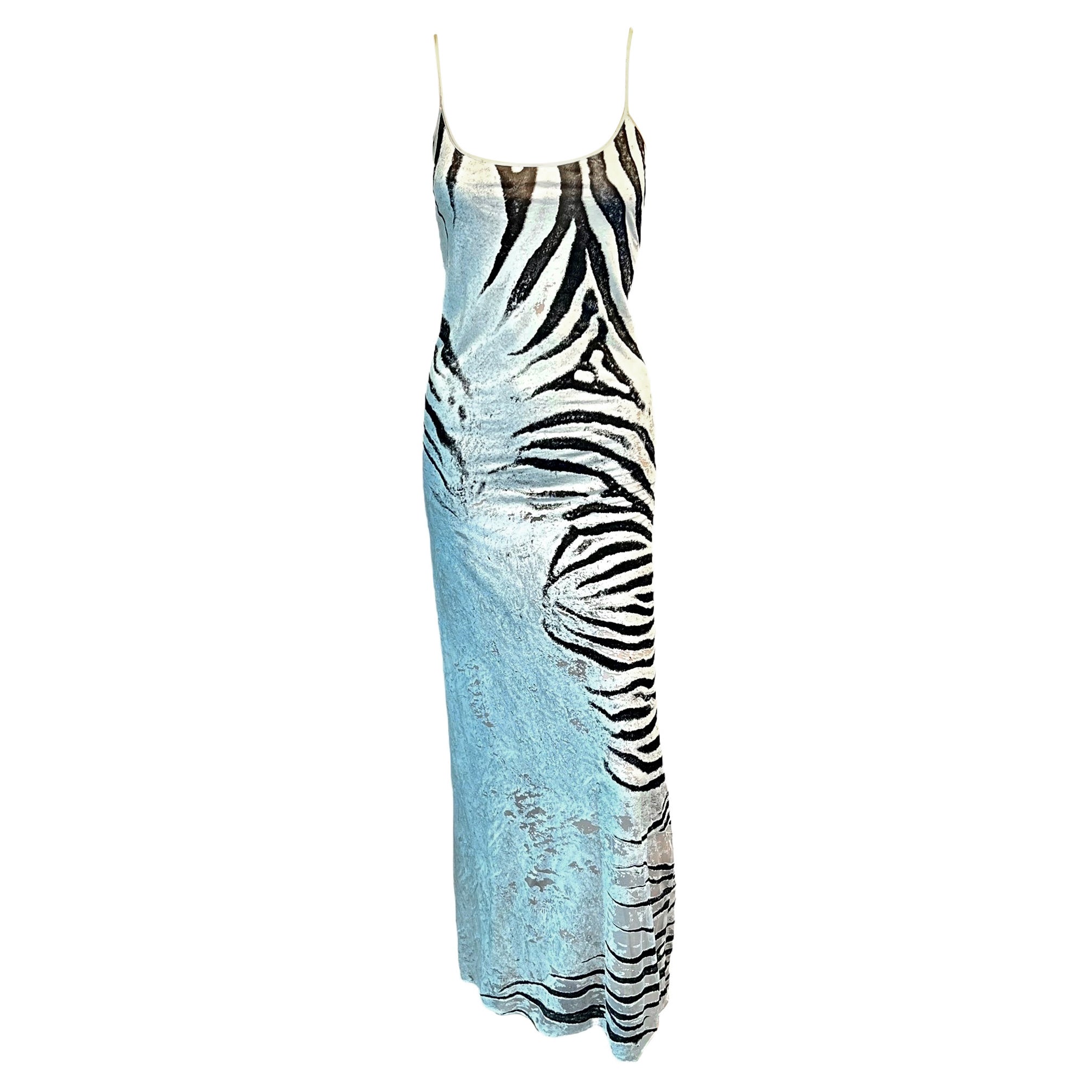 Roberto Cavalli S/S 1999 Runway Sheer Mesh Zebra Print Slip Evening Dress Gown
