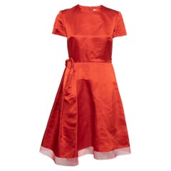 Dior Red Silk Side Pleated Mesh Hem Midi Dress M