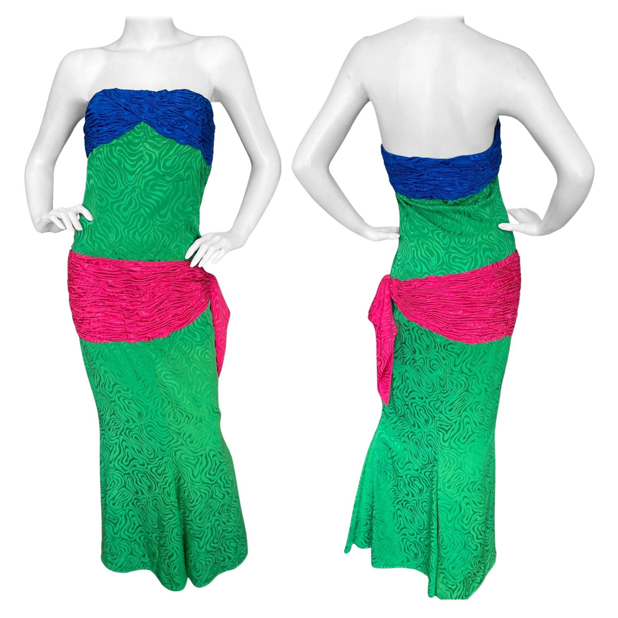 Emanuel Ungaro Parallel Spring 1985 Color Block Strapless Silk Evening Dress For Sale