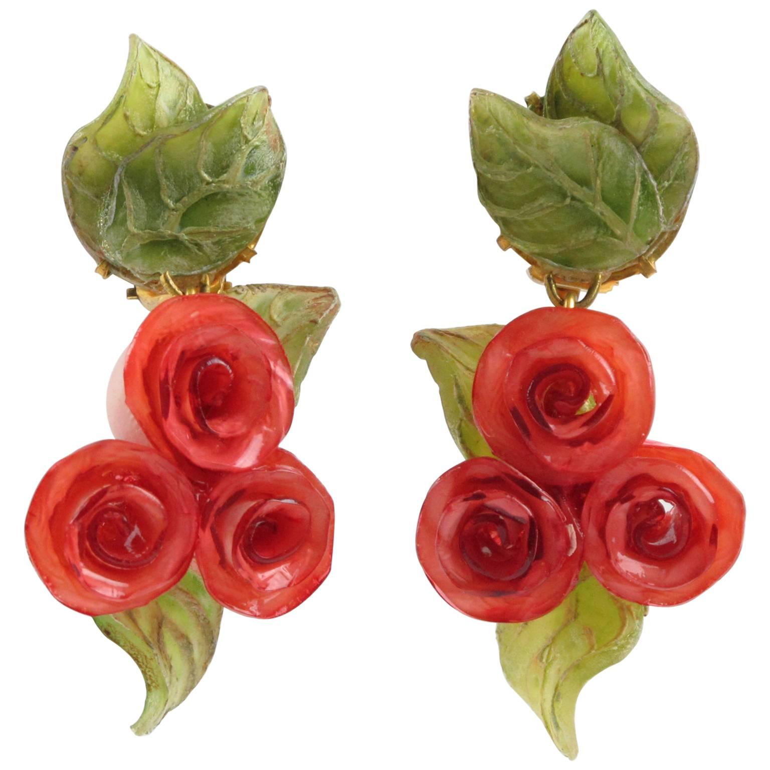 Francoise Montague Paris clip on Earrings Resin Talosel Rosebuds