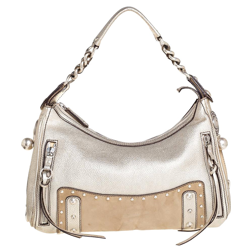 Versace Gold/Beige Leather and Suede Studded Hobo For Sale