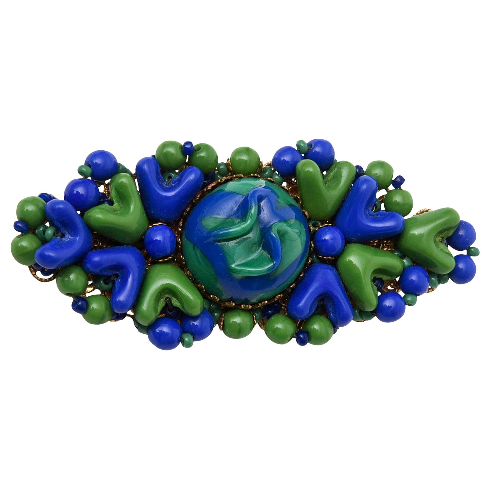  MIriam Haskell Abstract Resin Royal Blue and Green Bead Brooch Pin Vintage For Sale