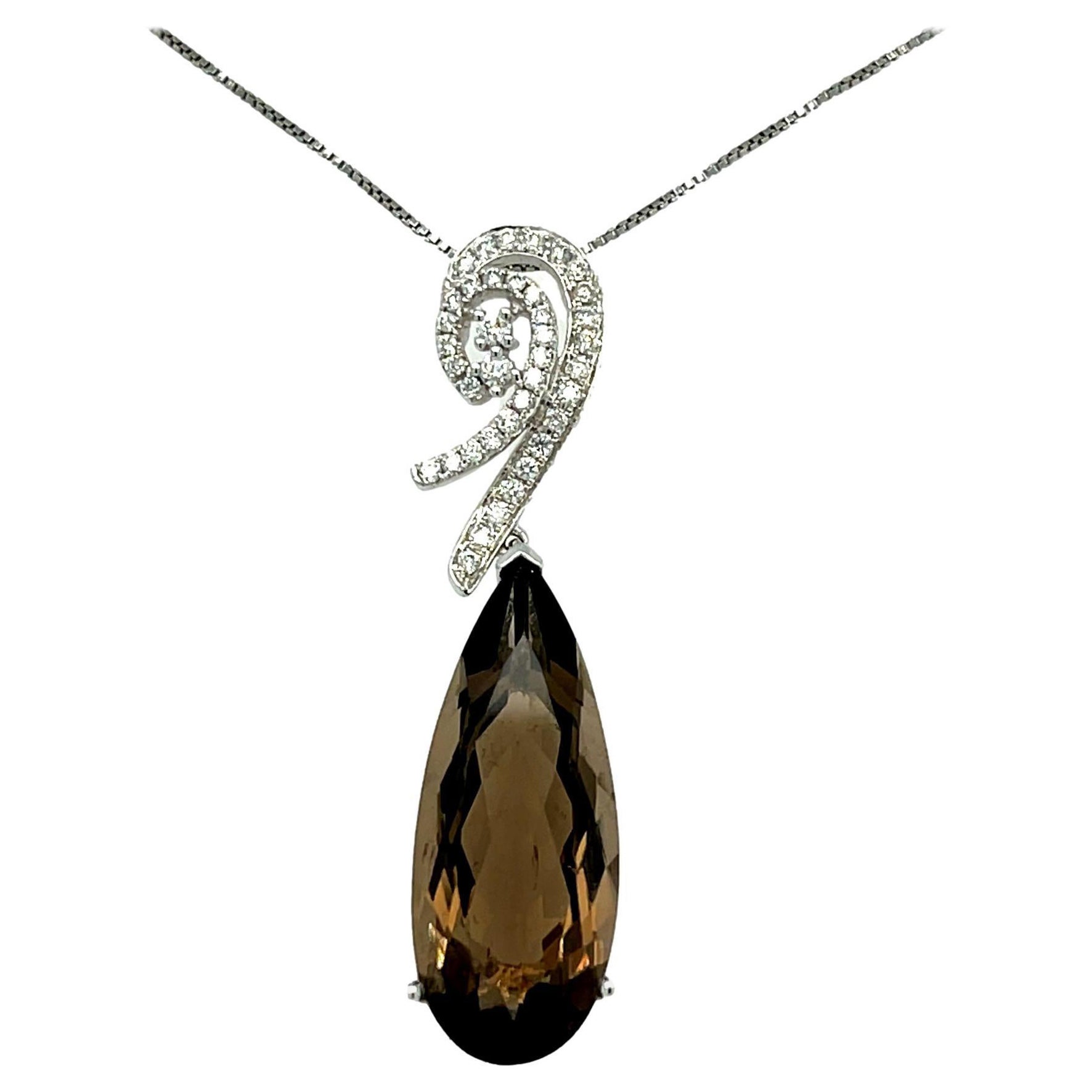 Smokey Topaz and Diamond 14KW Gold Pendant For Sale