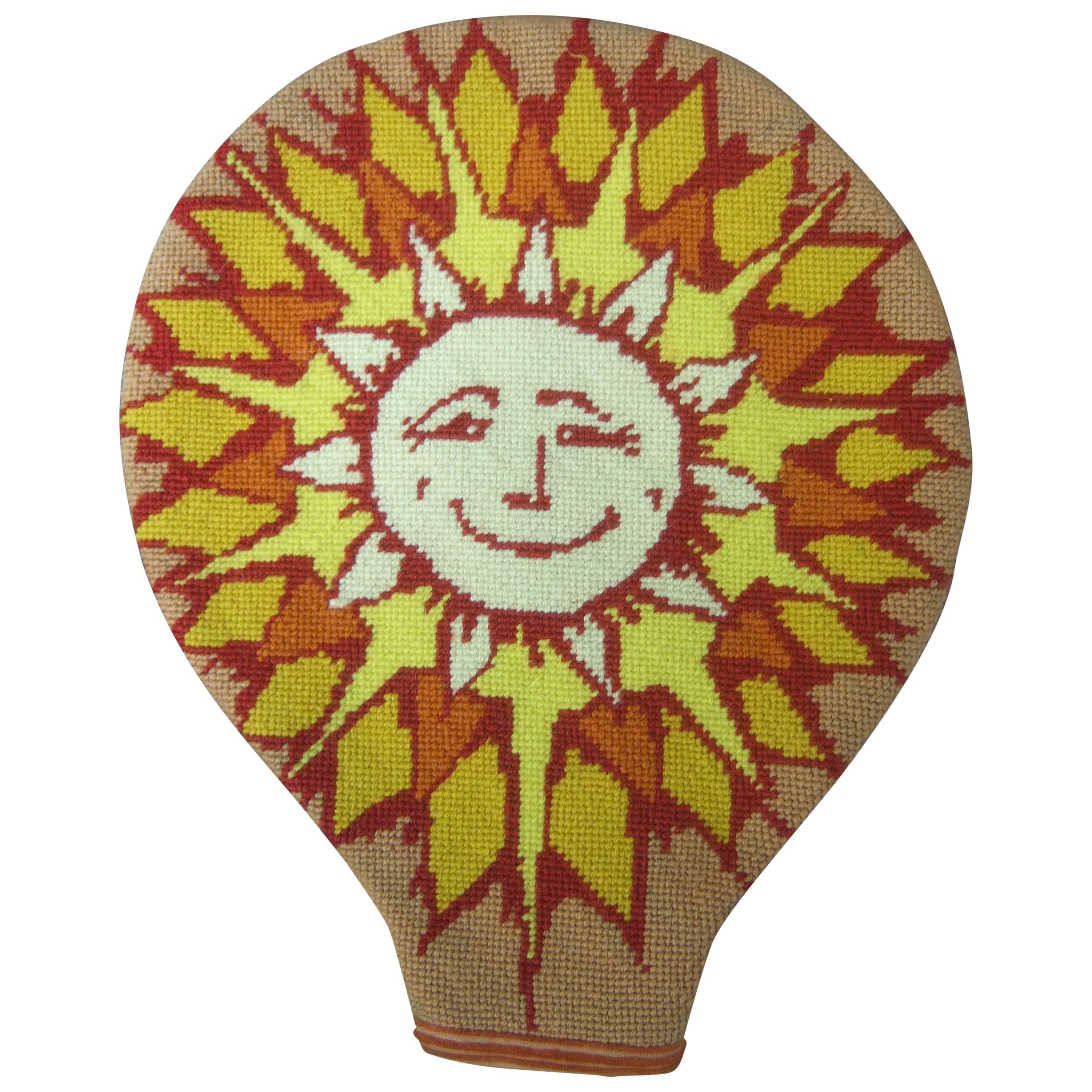Unique Needlepoint Sun Beam Tennis Racquet Cover c 1970s For Sale at