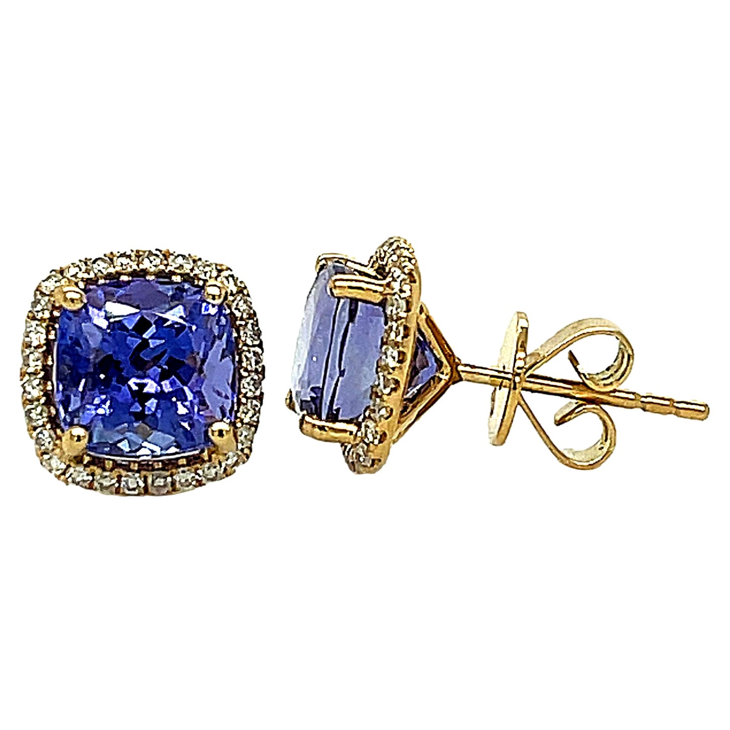 Cushion Tanzanite and Diamond 18KY Gold Stud Earrings For Sale
