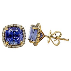 Cushion Tanzanite and Diamond 18KY Gold Stud Earrings