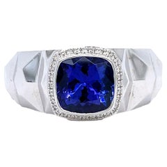 Bague pour homme en or 14 carats avec tanzanite taille coussin et diamants