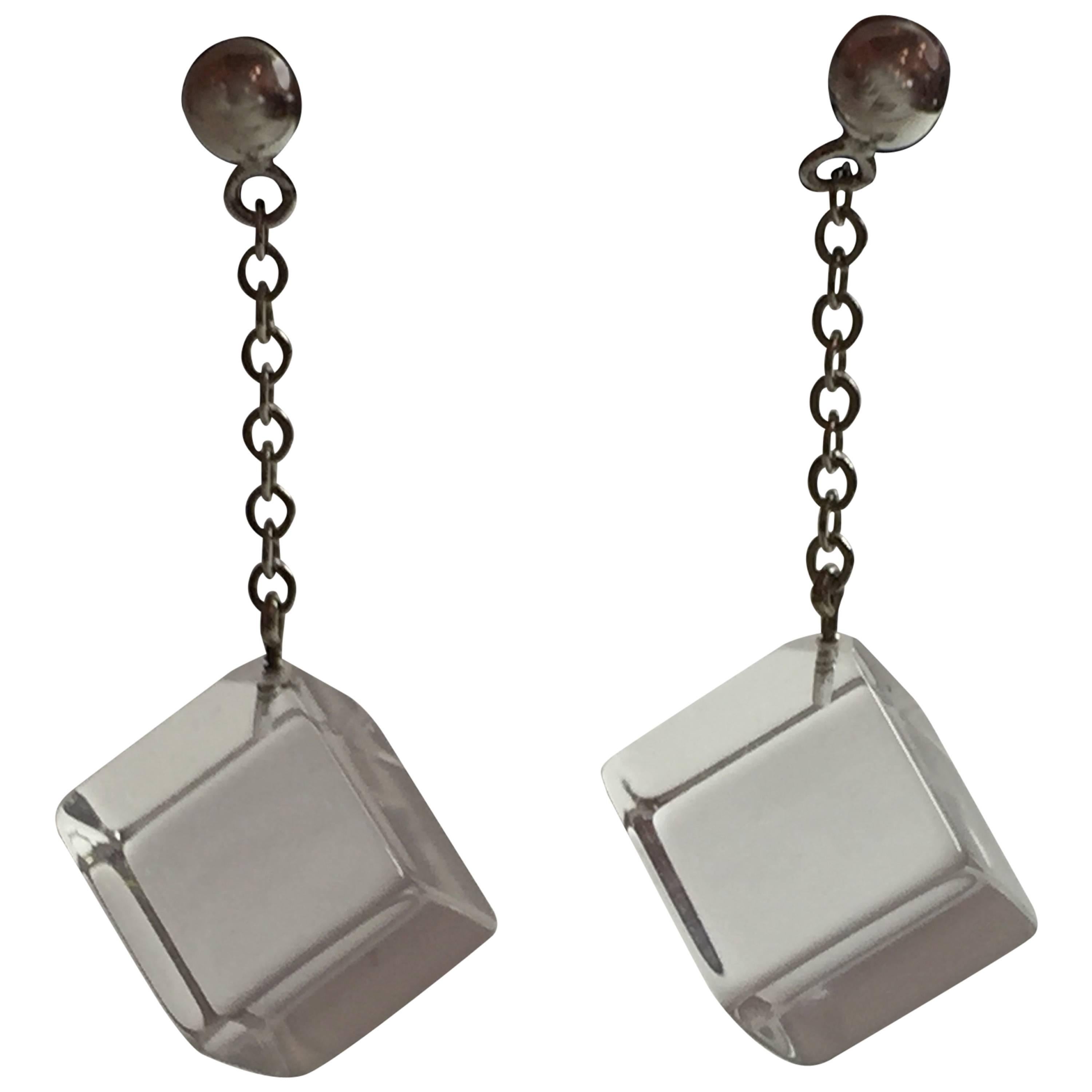 21st C JUDITH HENDLER Cube Drops on Silvertone Chain Drop Pierced Earrings