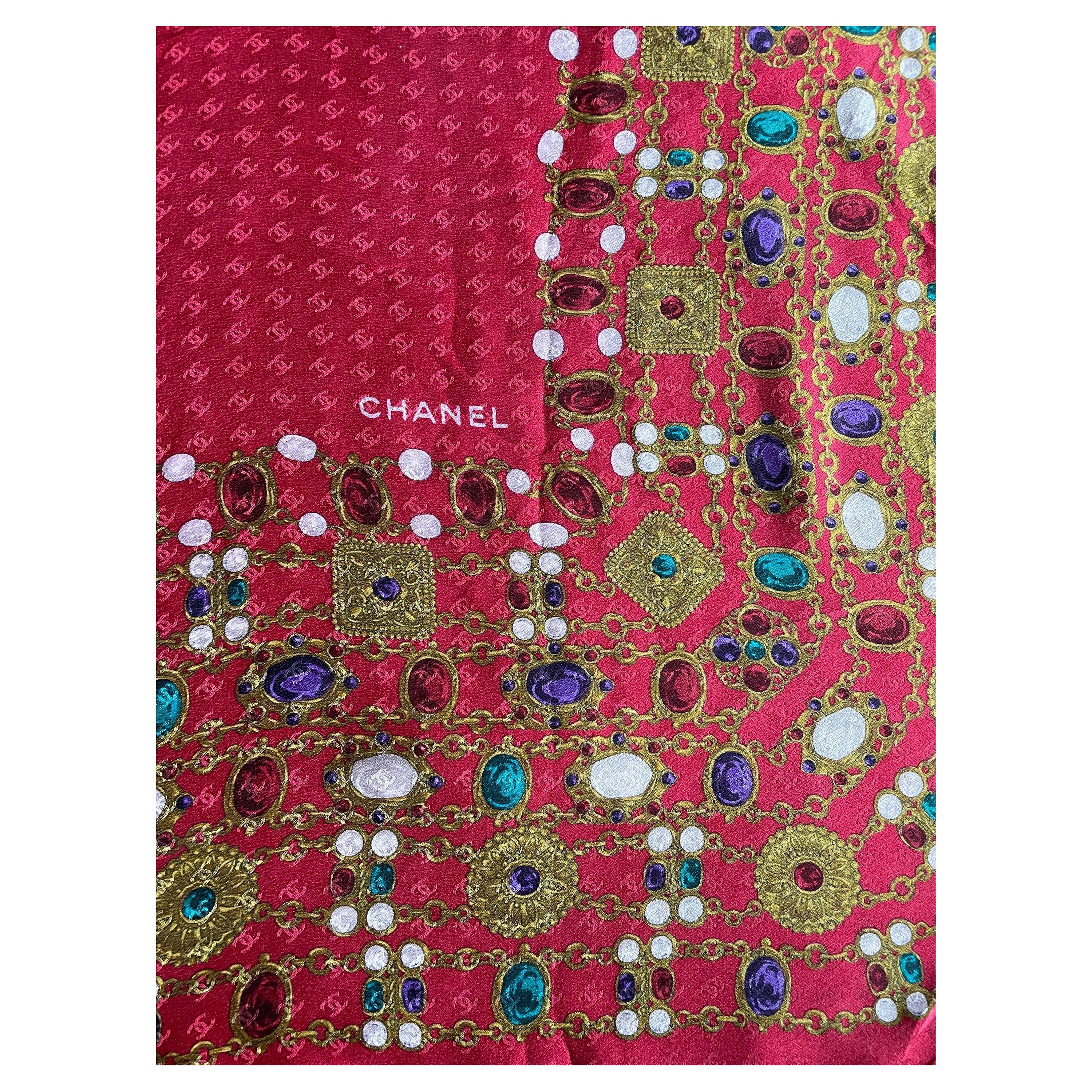 CHANEL CC logo authentic vintage silk scarf pearl gripoix gold chains red jewels For Sale