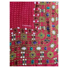 CHANEL CC logo authentic vintage silk scarf pearl gripoix gold chains red jewels