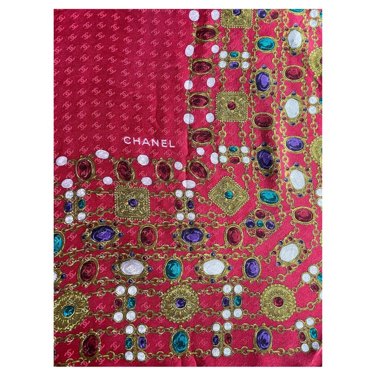 Chanel Vintage Multicolor Floral Gripoix & Pearl Print Silk Scarf
