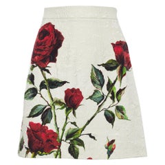 Dolce & Gabbana White Rose Print Cotton & Silk Jacquard A-Line Skirt XS