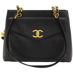 Chanel 12" Black Caviar Leather Medium Shoulder Tote Bag