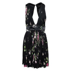 Roberto Cavalli Black Floral Printed Crepe Plunging Neck Sleeveless Dress M