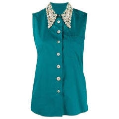 90s Romeo Gigli Vintage teal blue cotton sleeveless shirt with shells