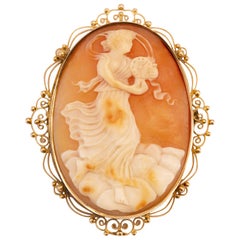 Antique Edwardian Hand Carved Shell Cameo Brooch in 14 Karat Yellow Gold Frame