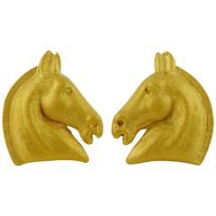 Hermes Vintage Matte Gold Tone Horse Head Clip-On Earrings